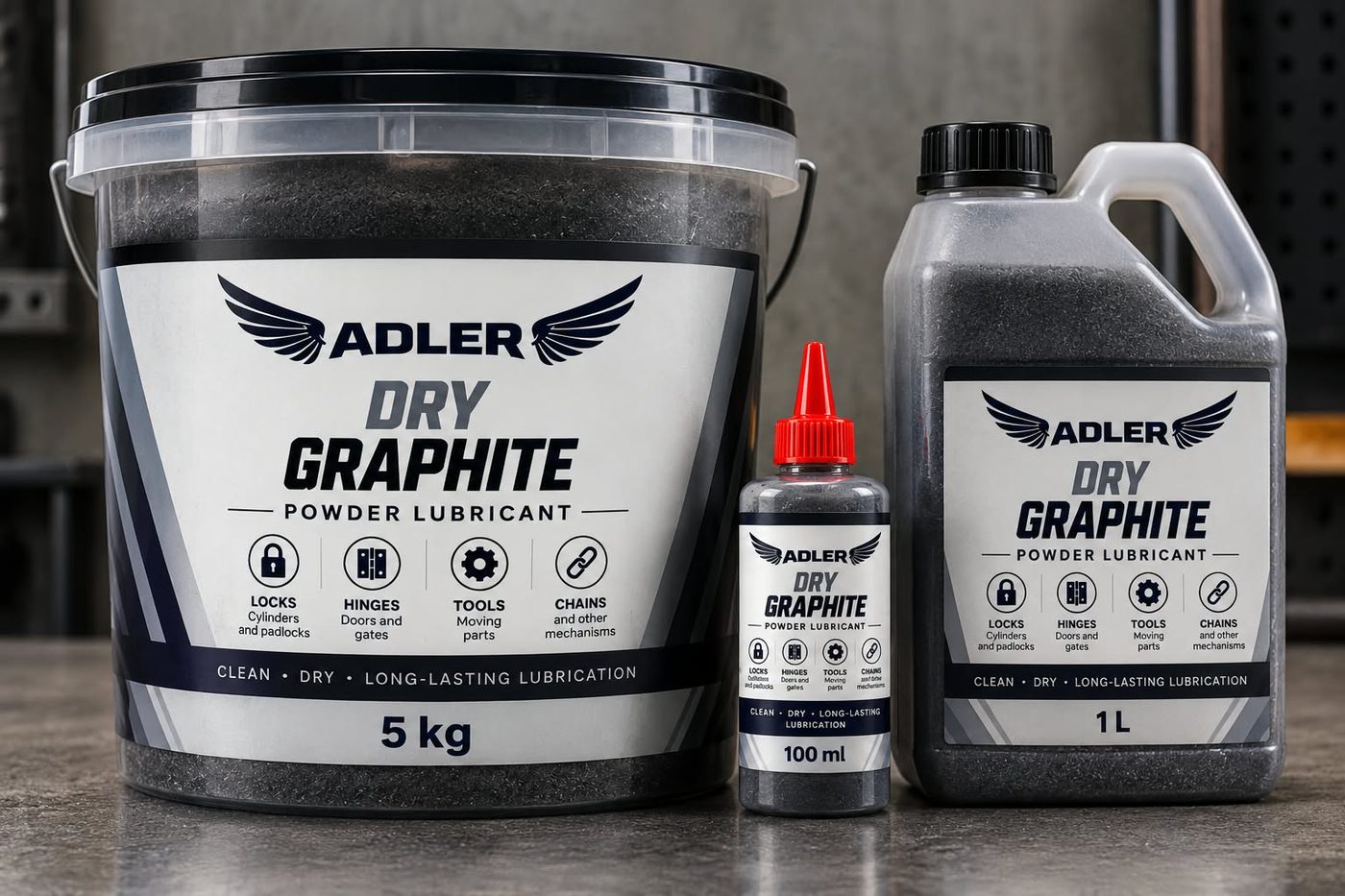 ADLER Dry Graphite powder lubricant in 100 ml, 1 L and 5 kg packs