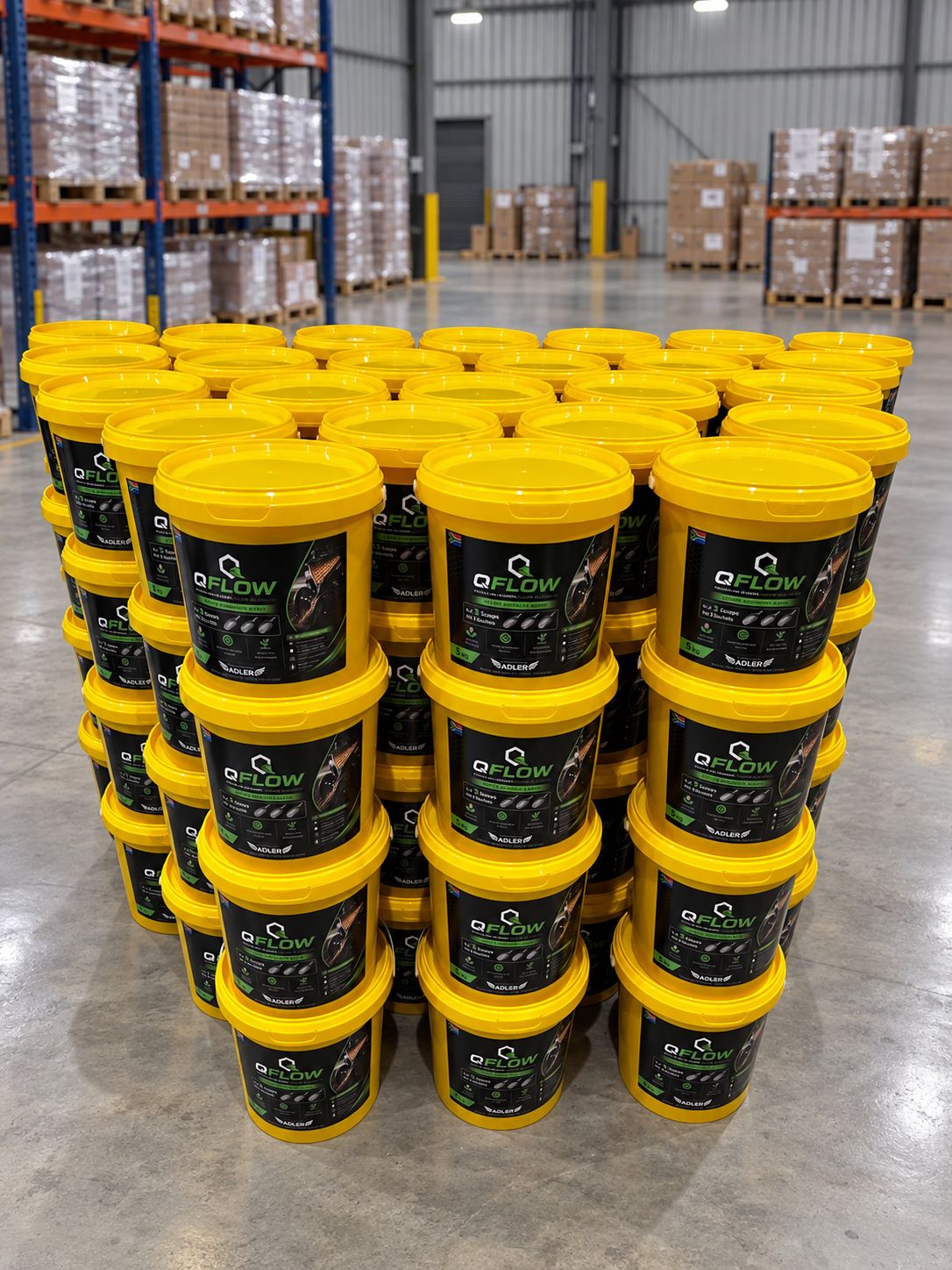 Pallet of Q-FLOW buckets in the warehouse